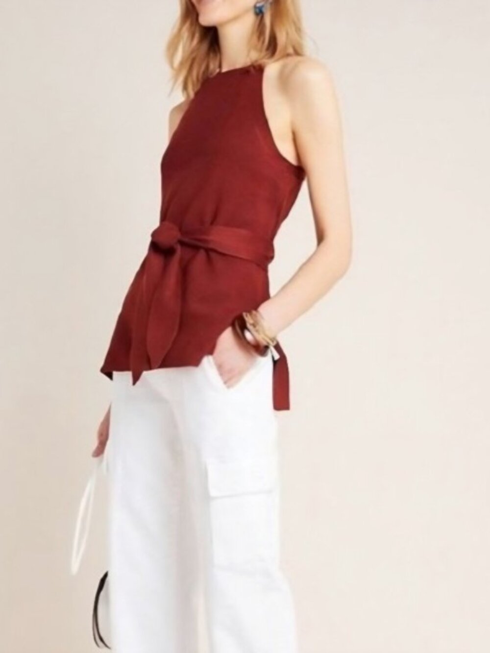 Anthropologie Annette Belted Knit Halter Tank Tunic in Rust Orange - Size Small
